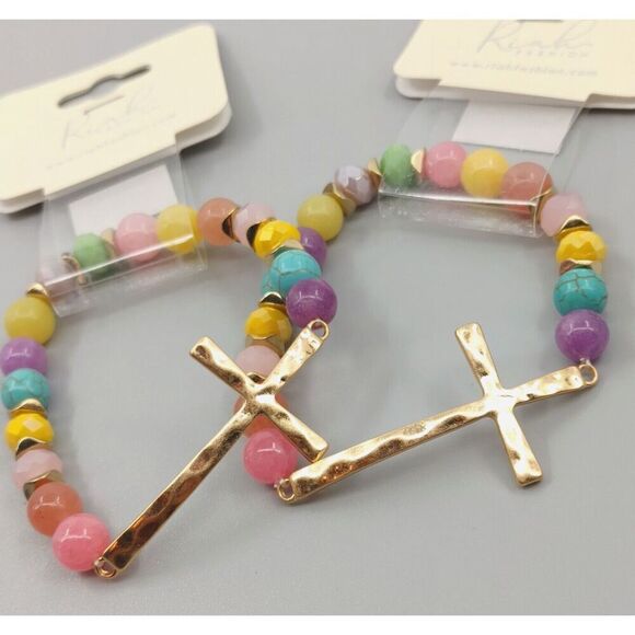 Set of 2 Cross Gold Tone Bracelet Beaded Hammered Catholic Religious Easter Gift - Picture 1 of 15